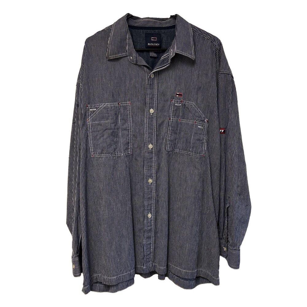 Bugle Boy Jean Company 77 Long Sleeve Button Up Shirt Blue Stripes 2XL Train